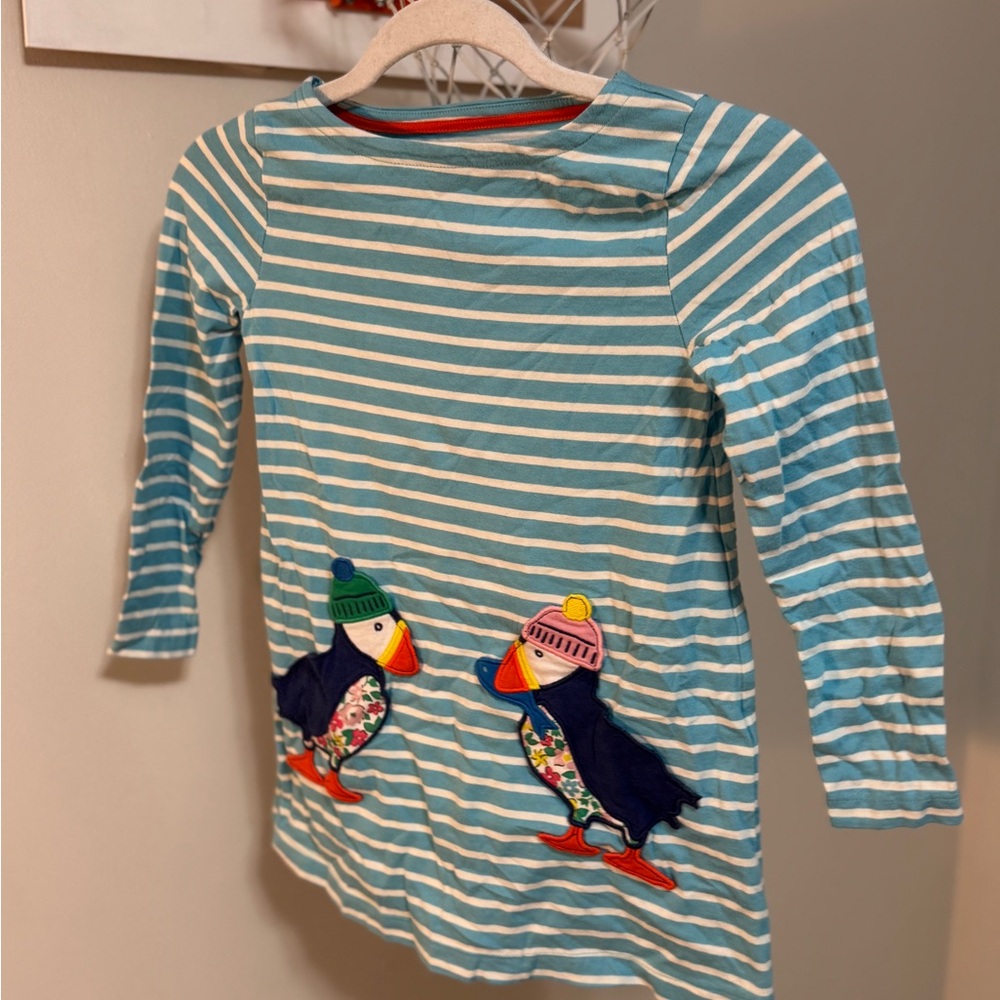 Mini Boden Blue and White Long Sleeve Tee Tunic with Penguin Design